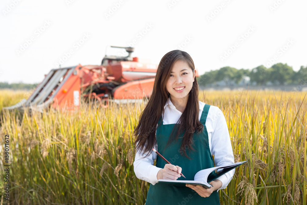 young asian woman agronomist in golden field