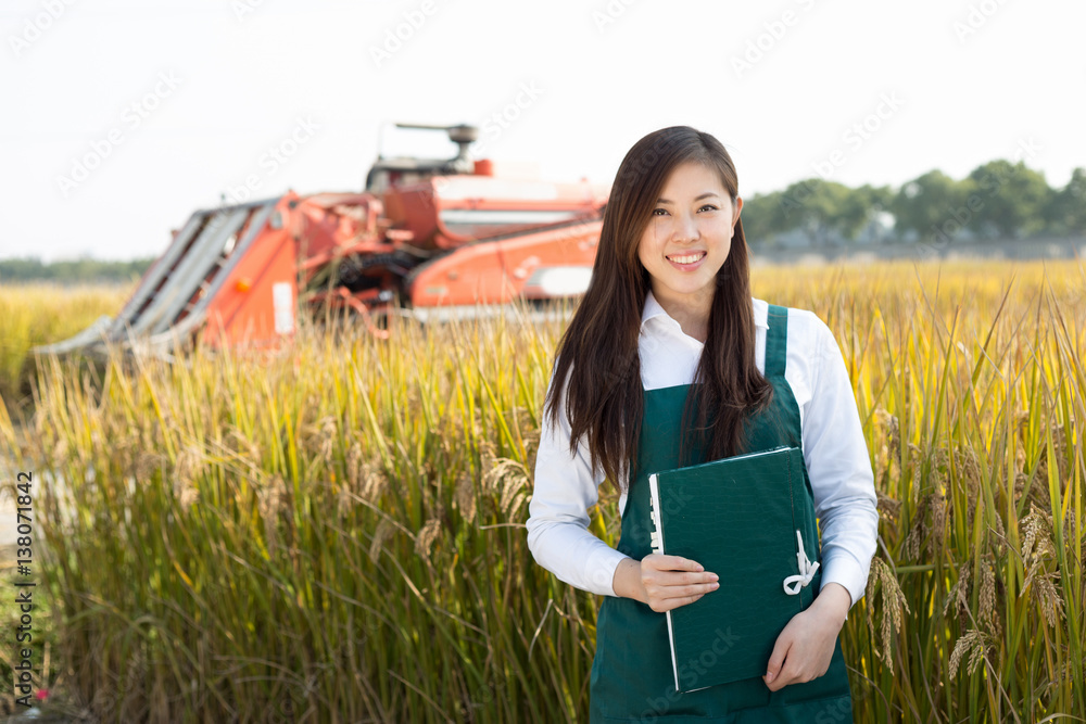 young asian woman agronomist in golden field