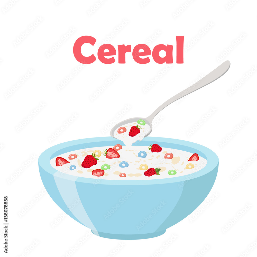 Cereal rings, strawberry, spoon and bowl. Oatmeal breakfast with milk