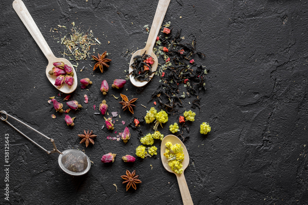 Herbs and spoons black background mock up top view