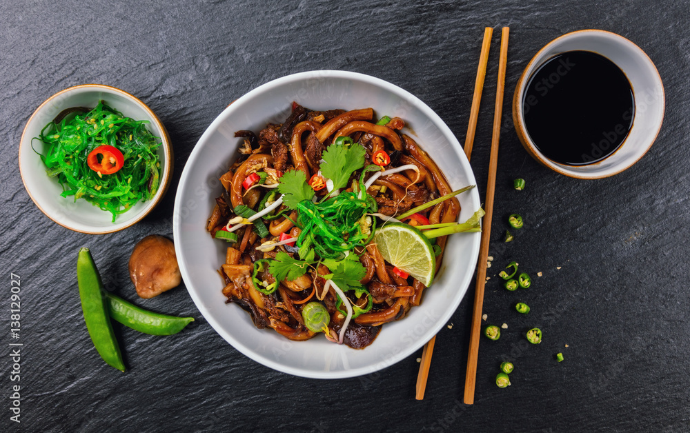 Asian noodles with spicy soy sauce and chicken