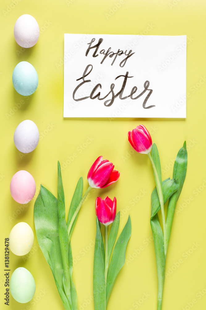 Easter concept on yellow background top view mockup