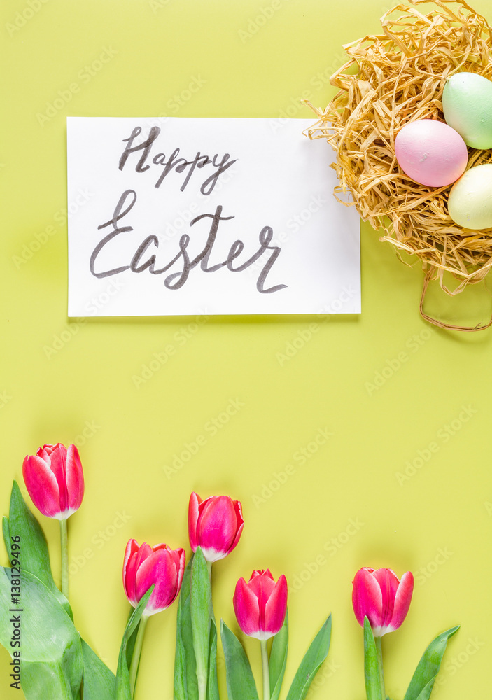 Easter concept on yellow background top view mockup