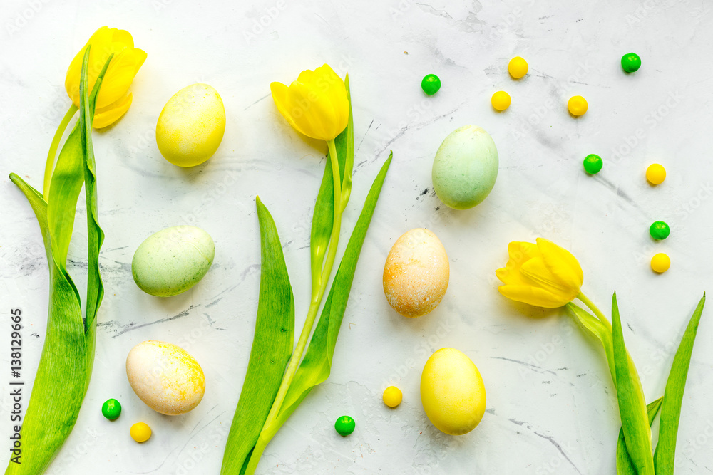 Easter concept eggs with tulip top view pattern