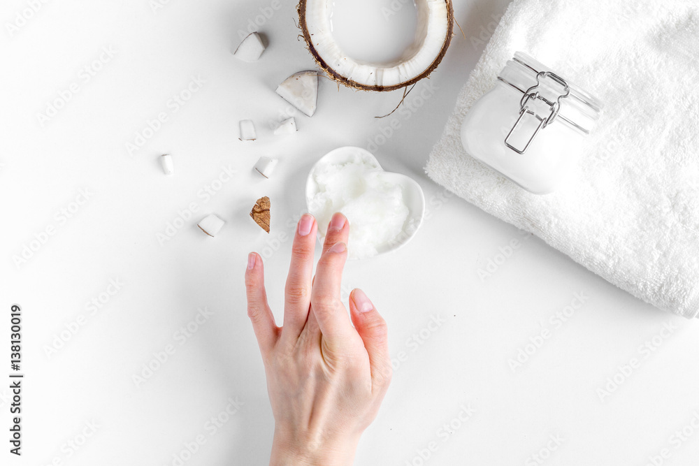 organic cosmetics with coconut on white background top view mockup