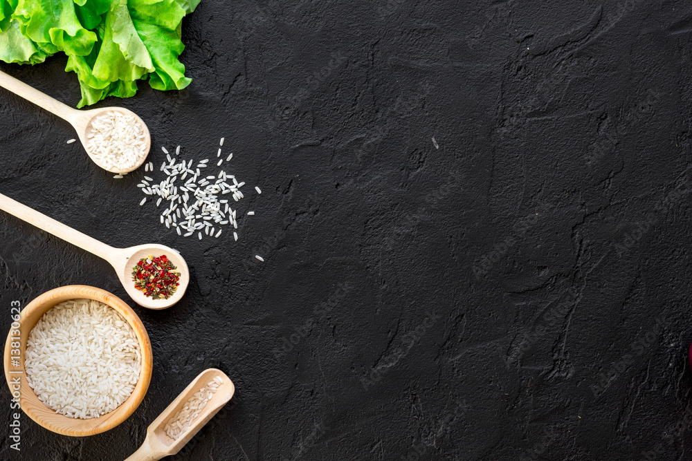 ingredients for paella on dark background top view