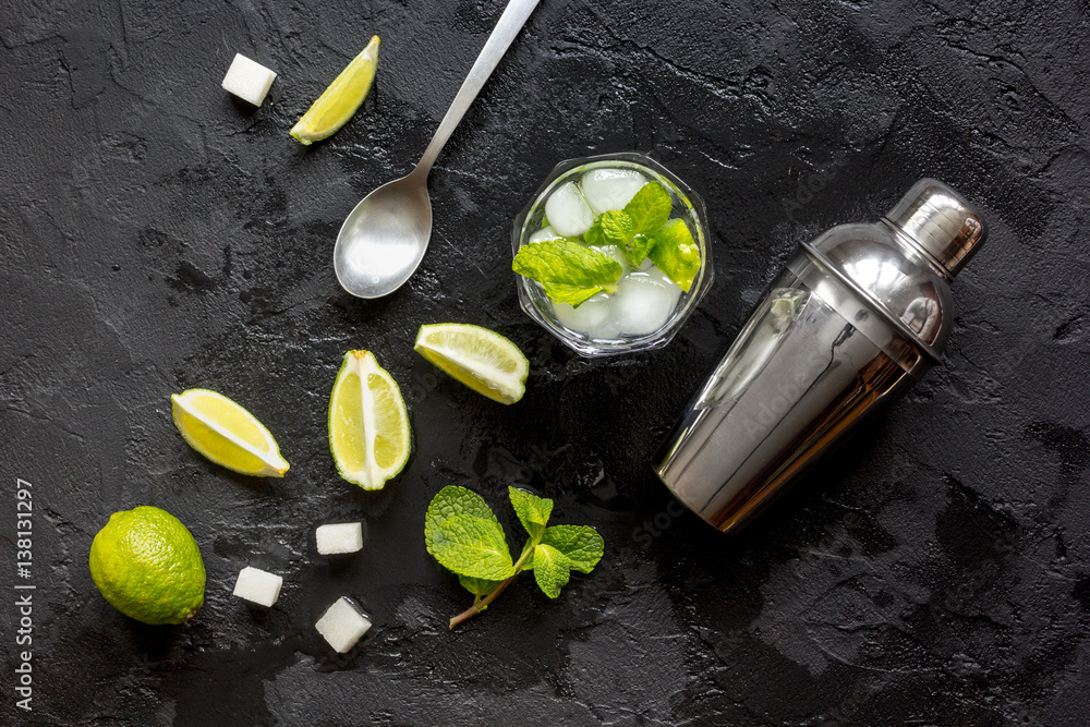 making mojito on dark background top view