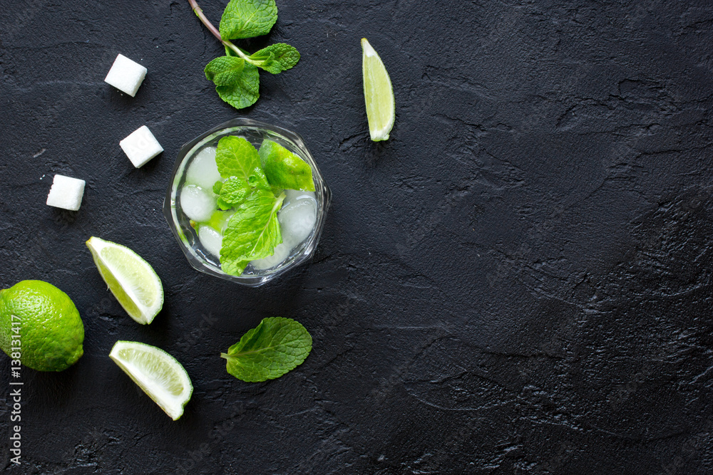 making mojito on dark background top view