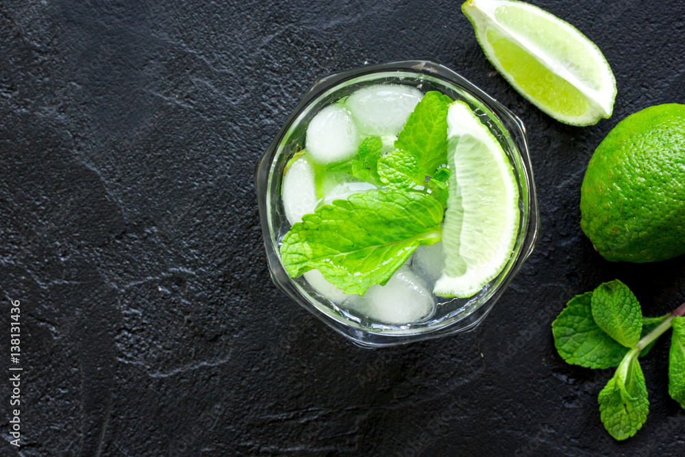 making mojito on dark background top view