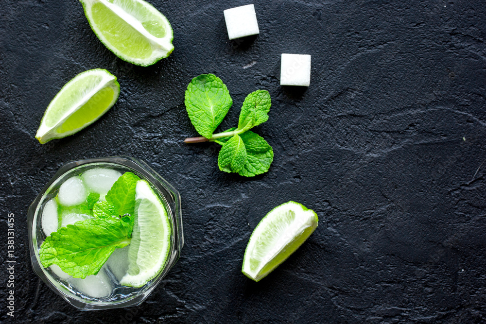 making mojito on dark background top view