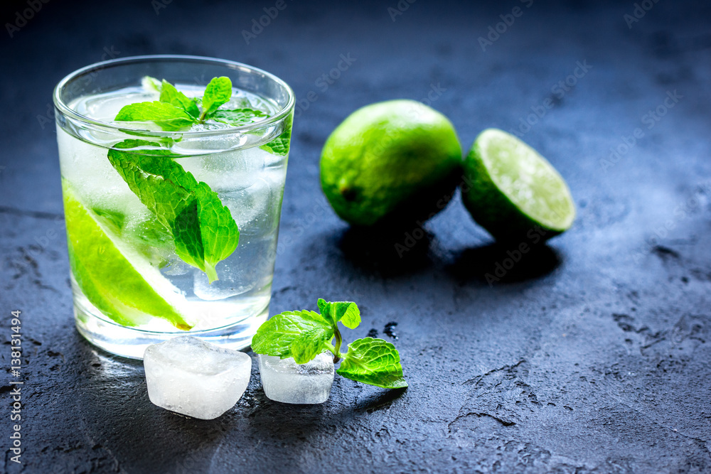 mojito in glass on dark background close up