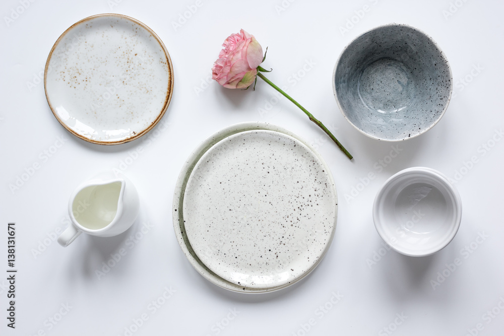 ceramic tableware top view on white background mock up