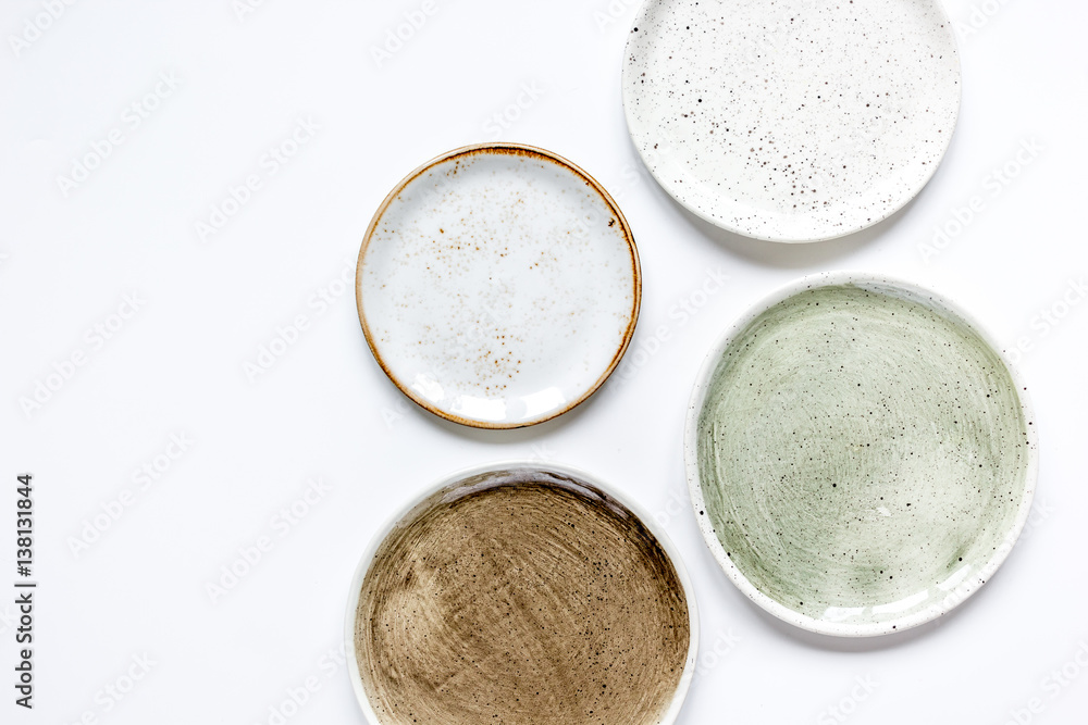 ceramic tableware top view on white background mock up