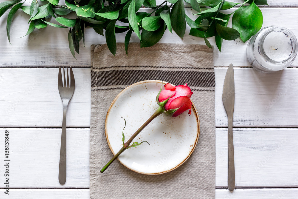 ceramic tableware top view on wooden background mock up