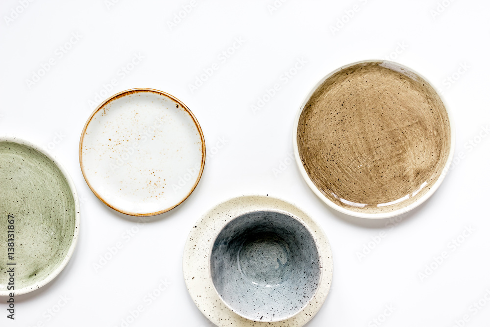 ceramic tableware top view on white background mock up