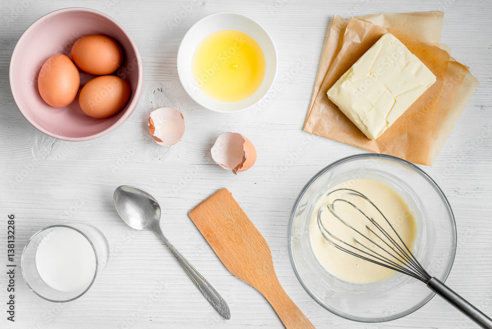 cooking pancake on white background top view ingredients for making