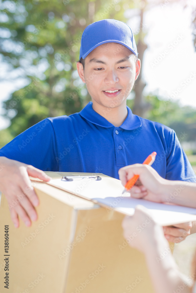 deliveryman stand and smile