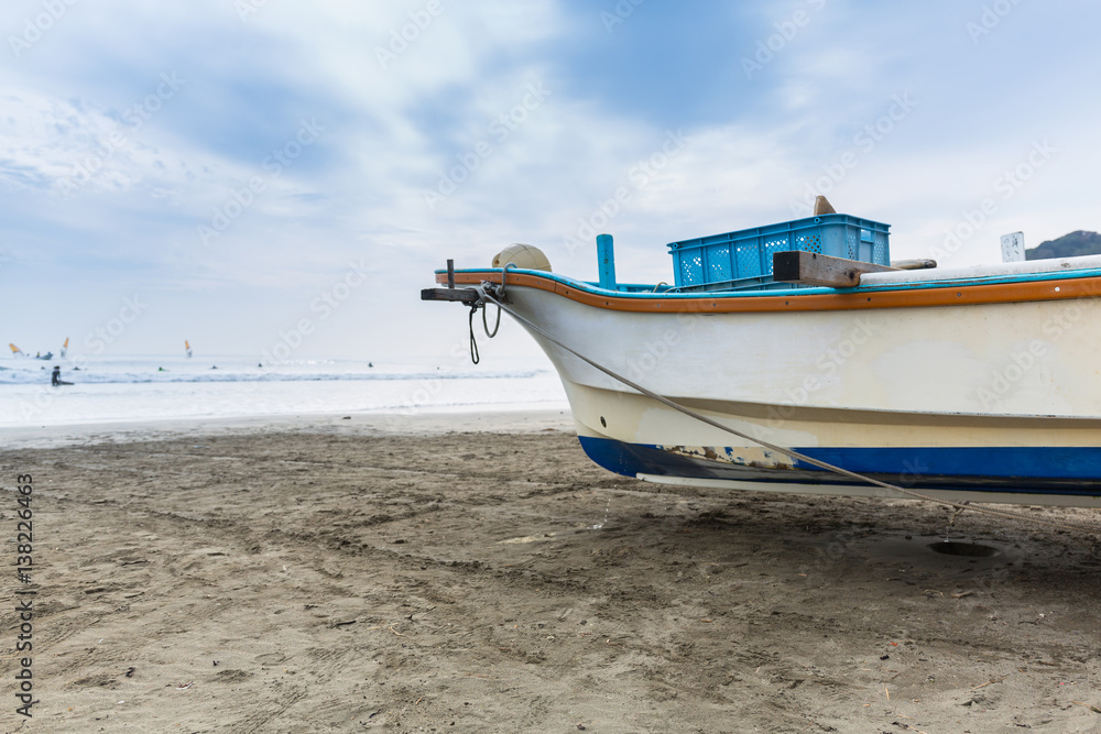 Fishing boat on the coast of Pacific ocean in Kamakura, Japan