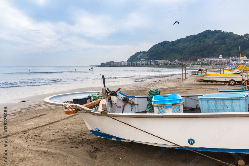 Fishing boat on the coast of Pacific ocean in Kamakura, Japan