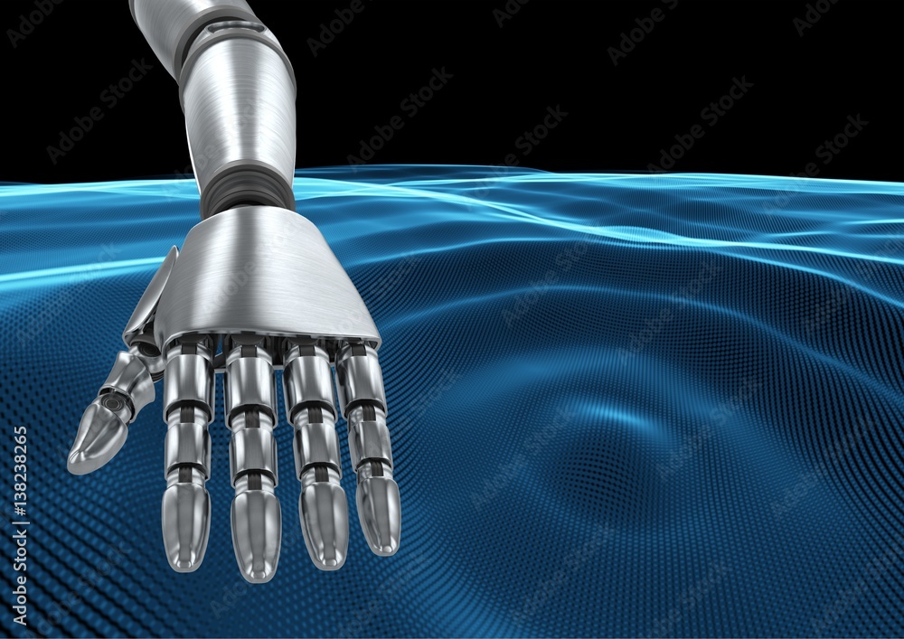 Composite image of Robot hand against blue Waves 3D