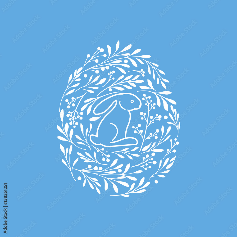 Happy Easter greeting card with cute rabbit and floral elements in the egg shape