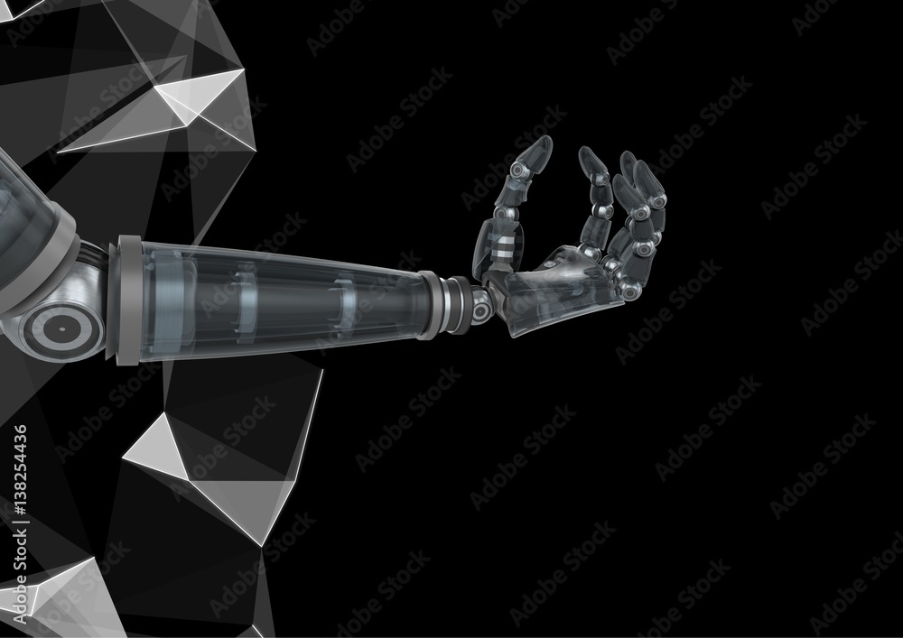 Composite image of robot hand against polygon graphic background