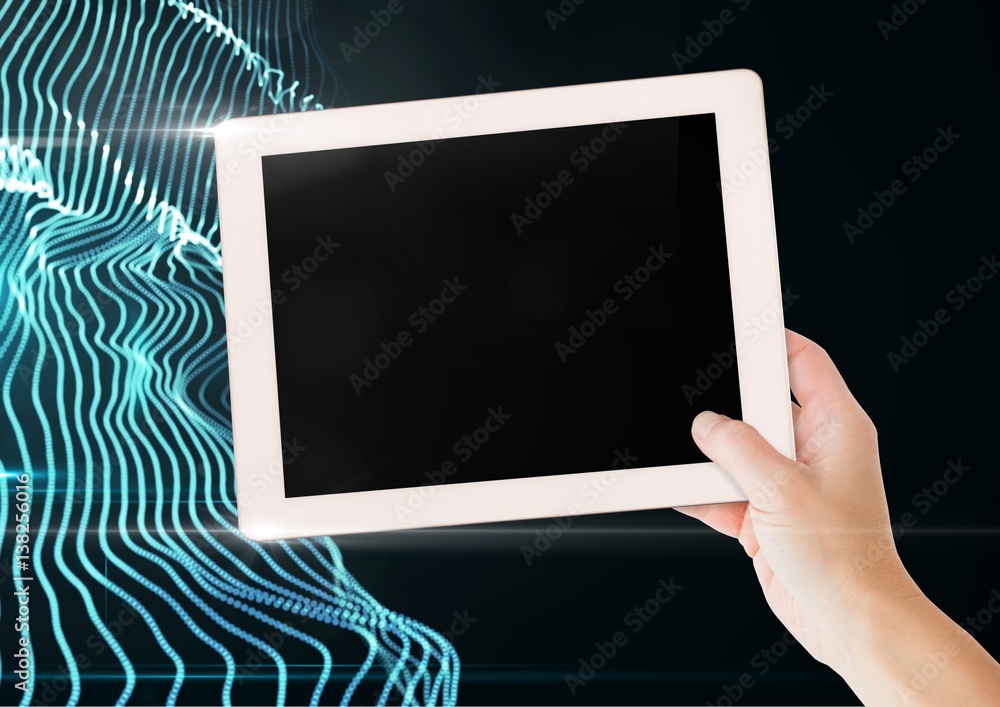 Composite image of Hand holding Tablet against light effects