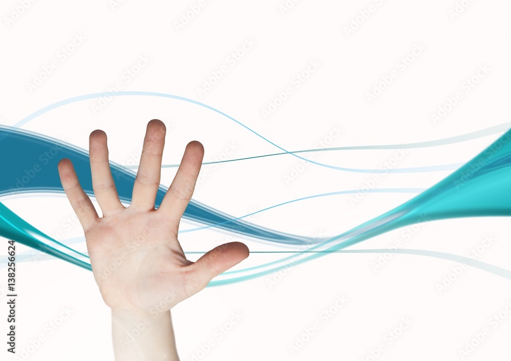 Composite image of open hand against blue curves