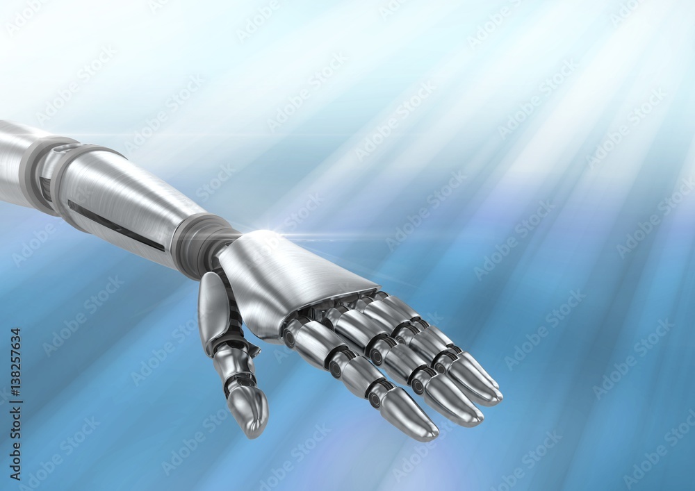 Composite image of Robot hand against blue background