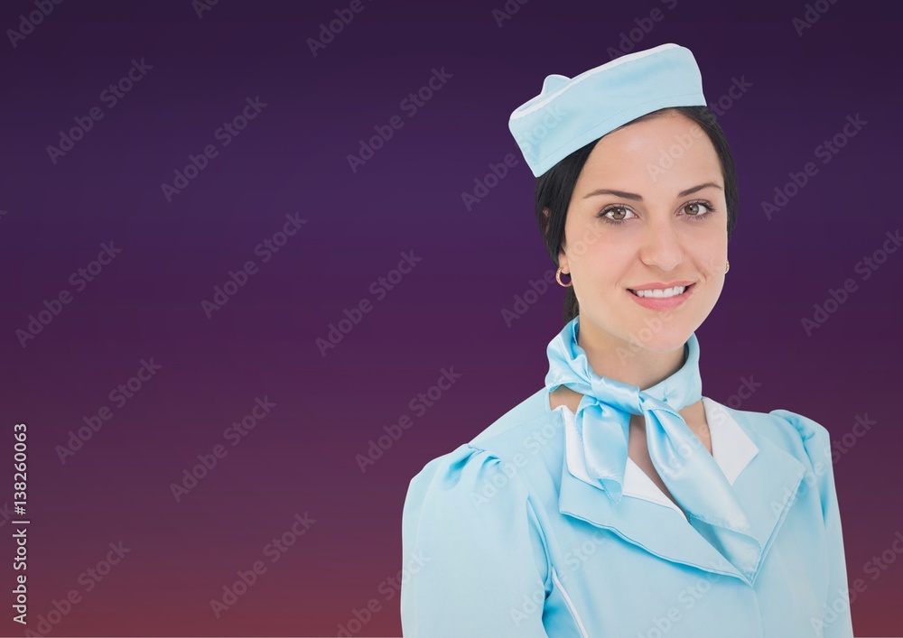 Travel agent looking at camera against a purple background