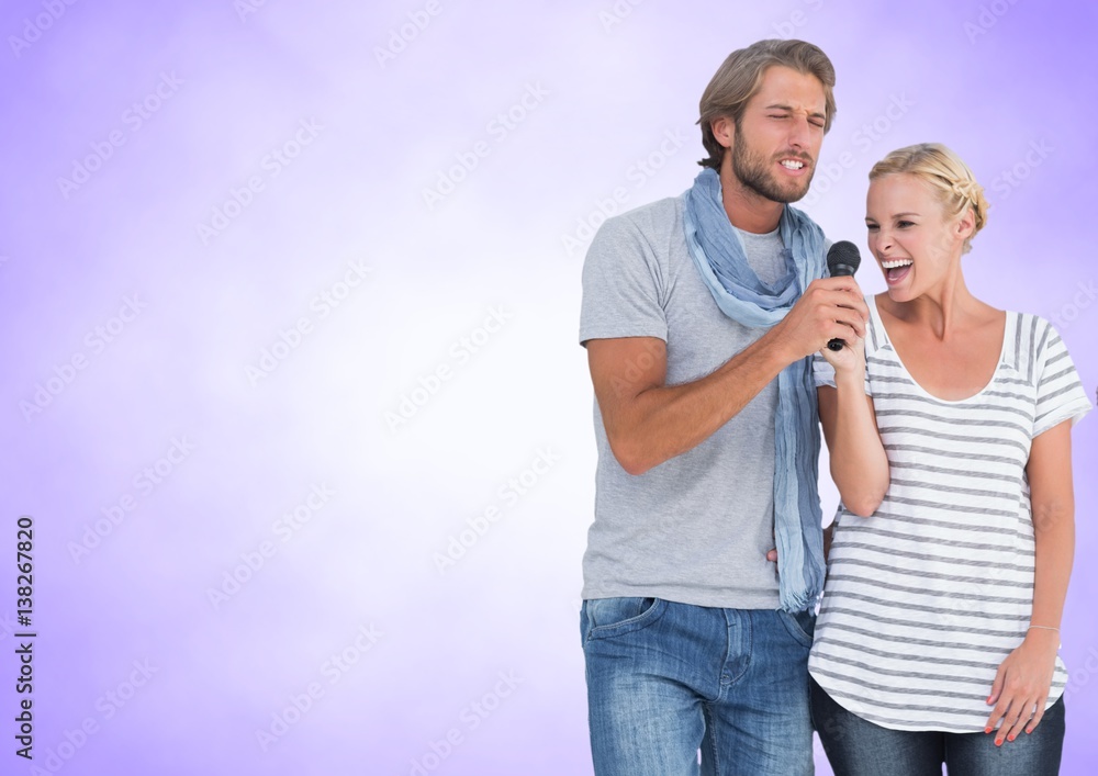 Happy Couple Singing against a lavender background 