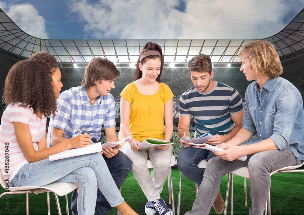 Students Studying against a Sport Stadium background