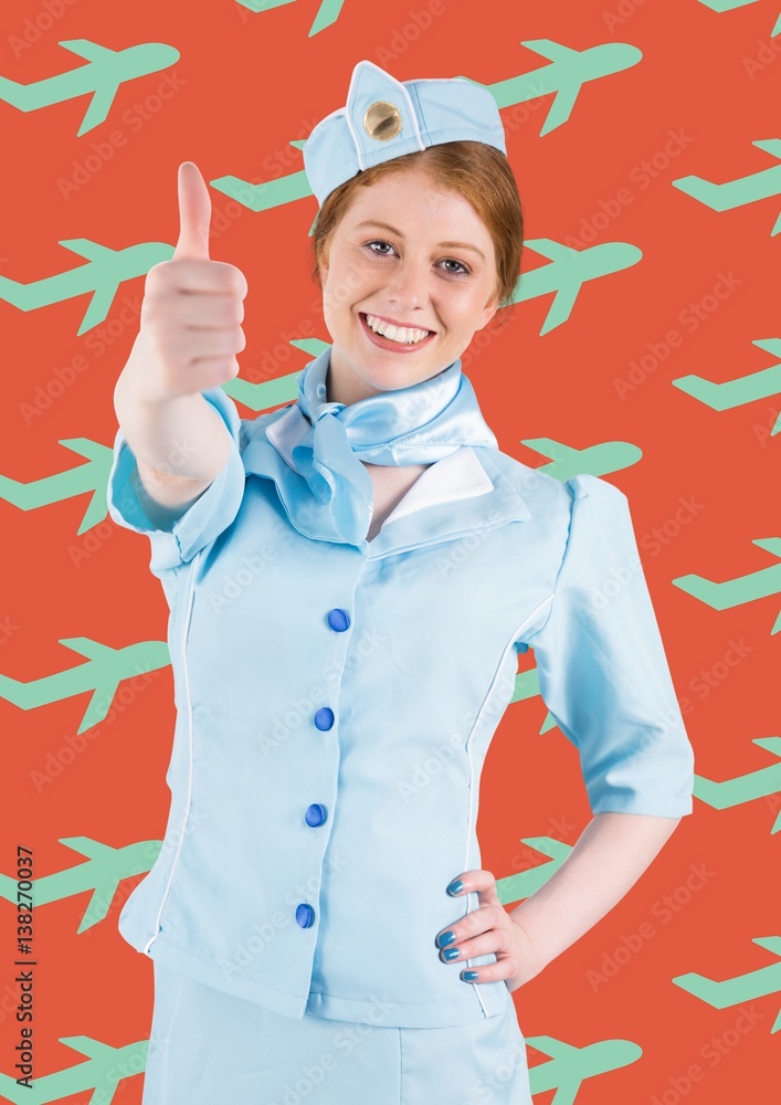 Travel agent against a red background with blue plans 