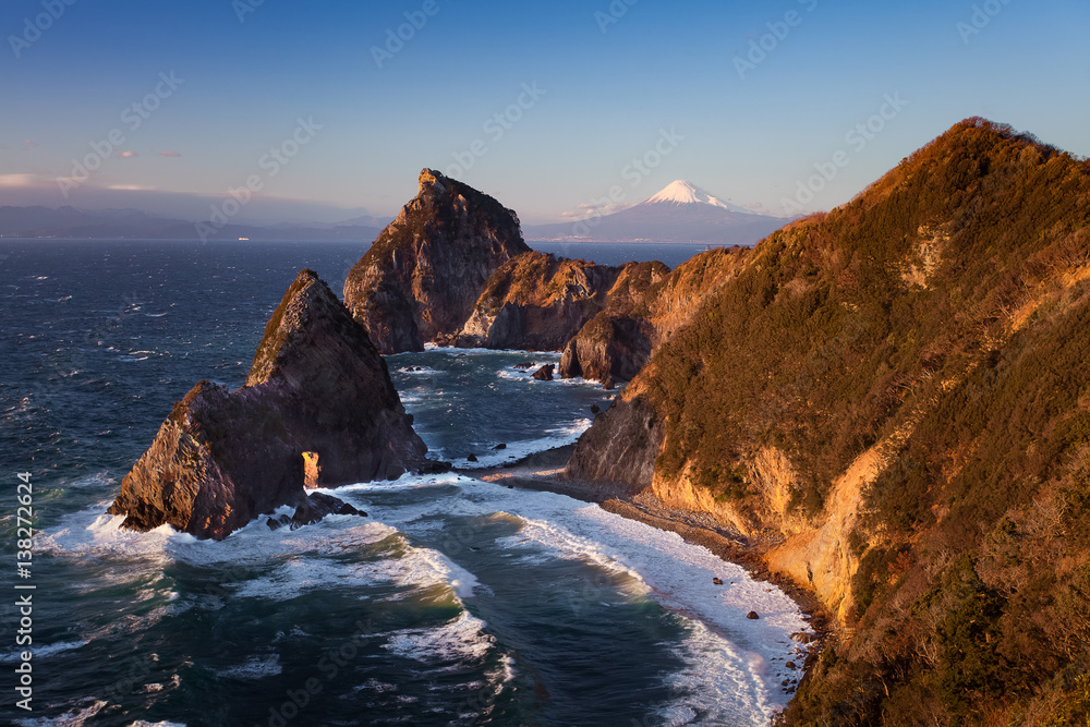 Mountain fuji and Japan sea in winter seen from Izu city , Shizuoka prefecture