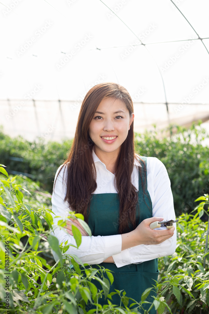 young asian woman working in green house