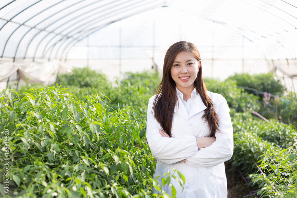 young asian woman working in green house