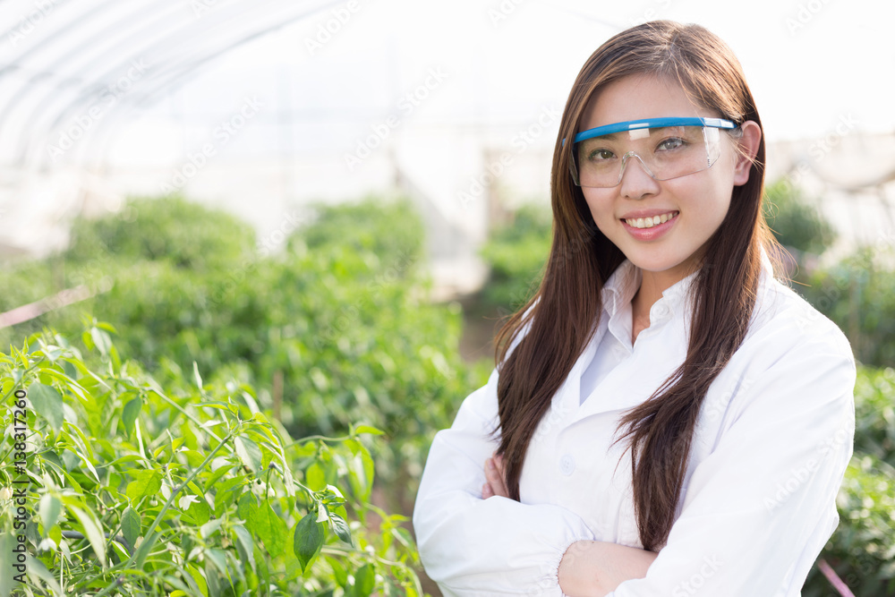 young asian woman working in green house