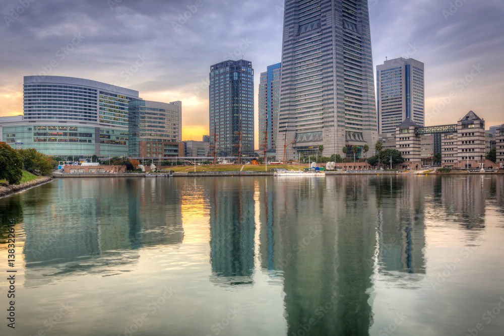 Cityscape of Yokohama city at sunset, Japan