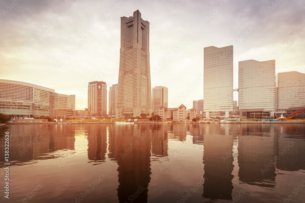 Cityscape of Yokohama city at sunset, Japan