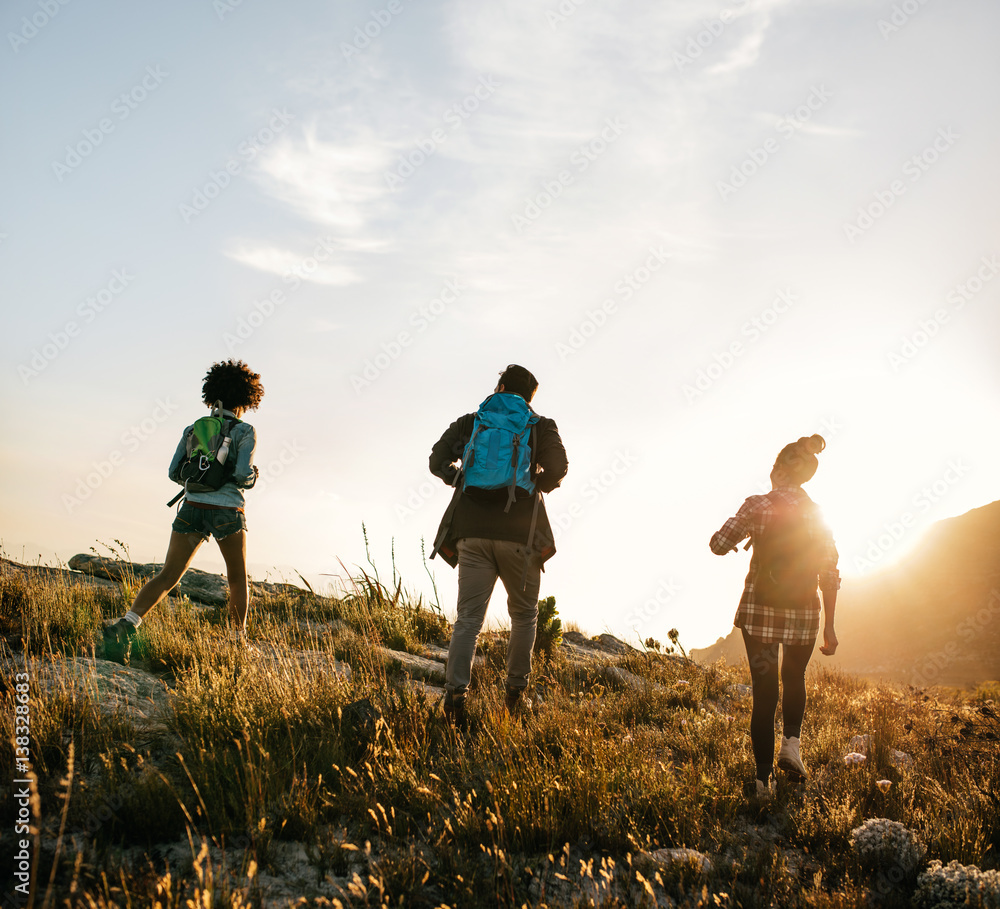 Three young friends on a country walk