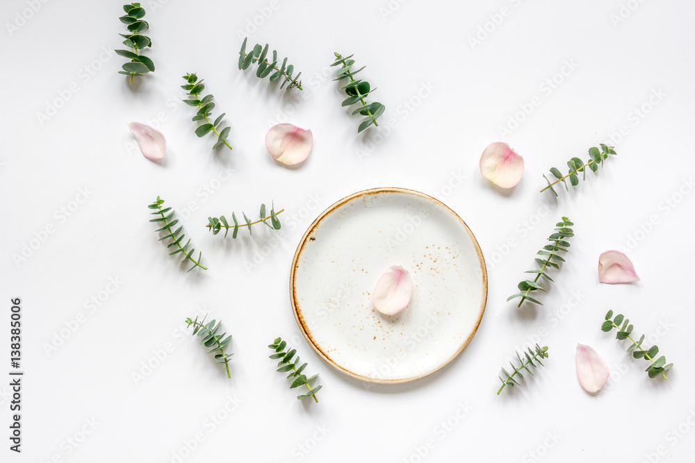 light breakfast disign with flowers on white table top view mock up