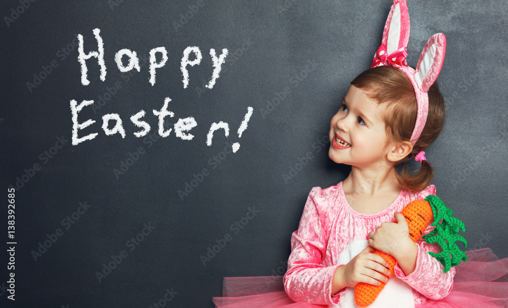 Happy easter! Child with bunny ears and eggs.