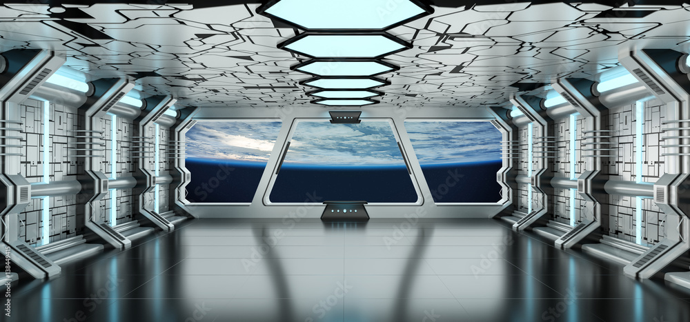 Spaceship interior with view on the planet Earth 3D rendering elements of this image furnished by NA