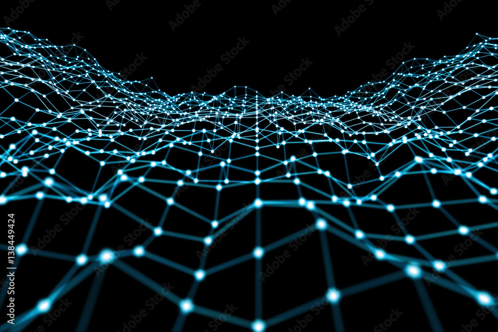 Floating white and blue dot network 3D rendering