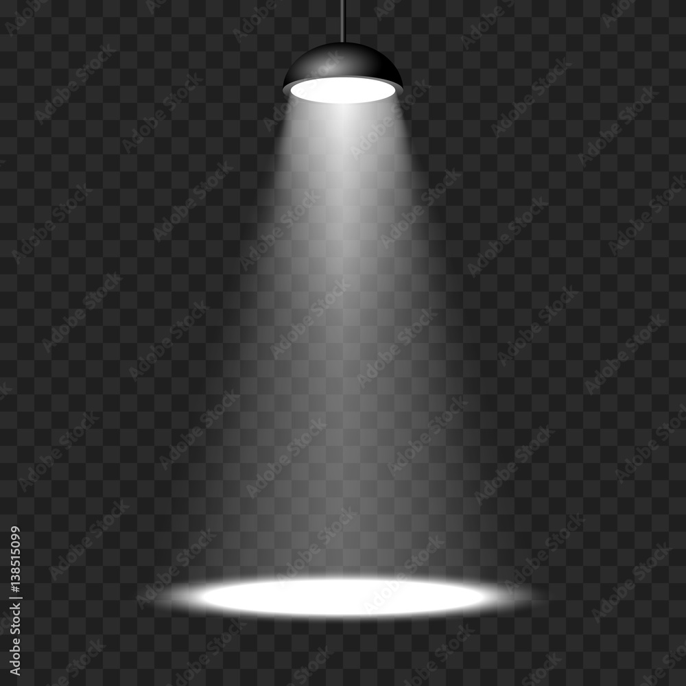 Vector spotlight on transparent background. White light effect.