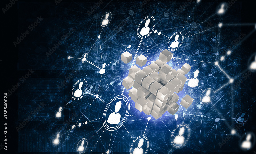 Concept of Internet and networking with digital cube figure on d