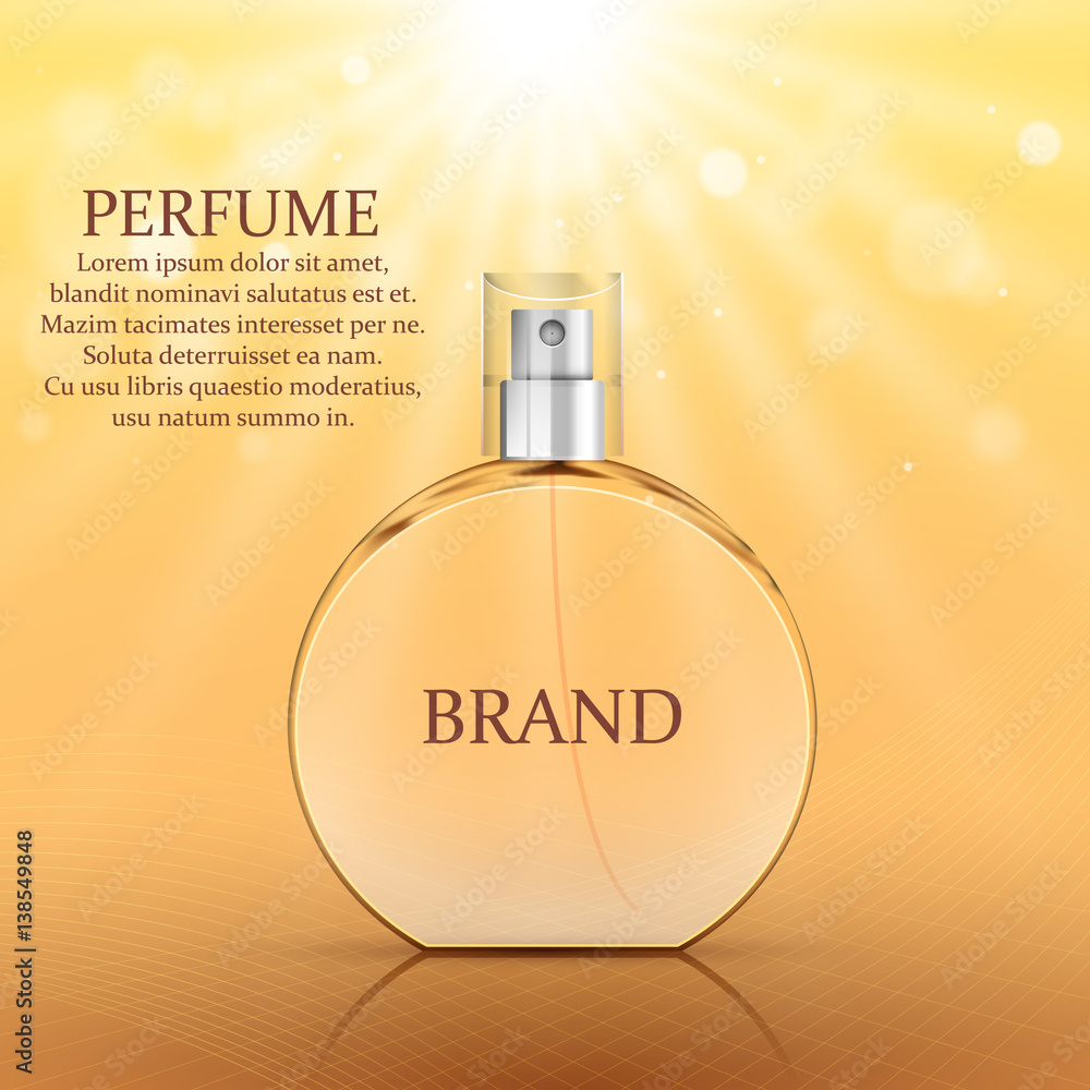 Realistic Perfume Bottle on abstract background, Glass vial, vector illustration