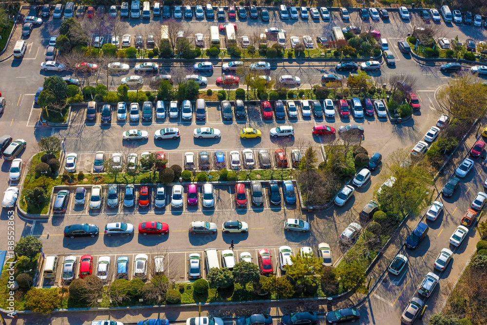 The overhead parking lot packed with vehicles