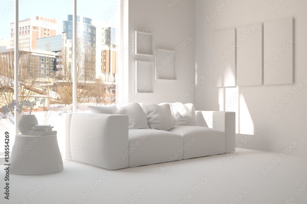 White room with sofa and urban landscape in window. Scandinavian interior design