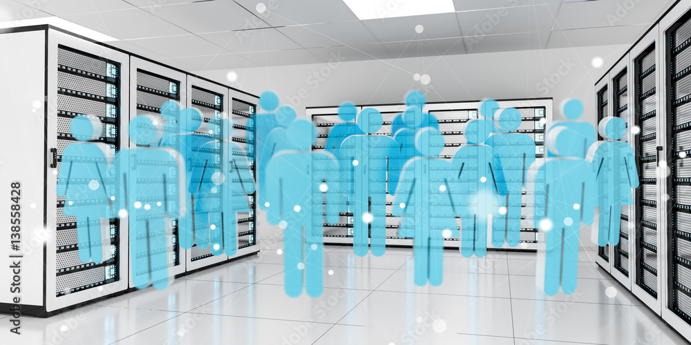 Group of people icons flying over server room data center 3D rendering